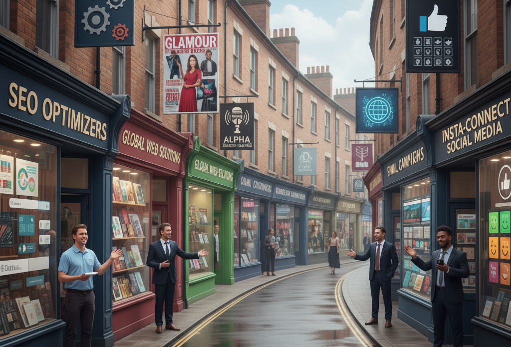 How do you get your business out there? Generated image of traditional style shops selling various online marketing services, showing how many options can be available.